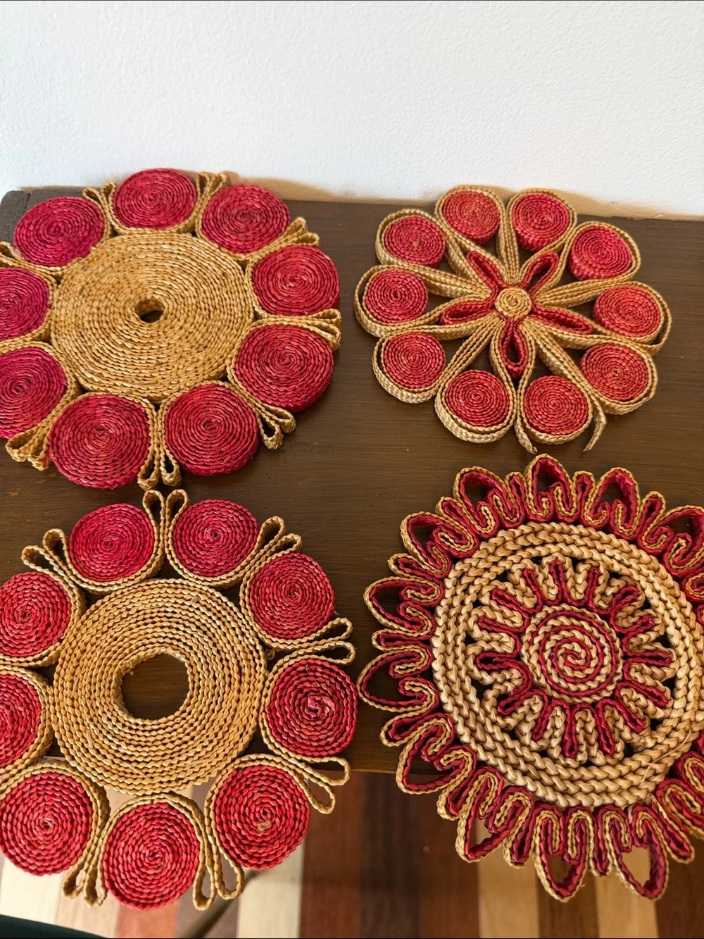 Handwoven Red and Natural Braided Trivet- Set of 4